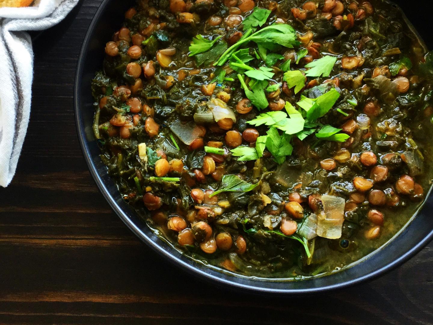 french green lentil stew with blanched greens | Functional Nutrition Alliance